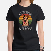 German Shepherd Dog Themed Clothes - Gifts for K9 Dog Lovers - Funny Canine Tee Shirts For Humans - My Therapist Has A Wet Nose T-Shirt - Black, Women