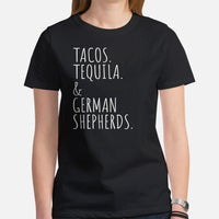 German Shepherd Dog Themed Clothes - Gifts for K9 Dog Moms, Dads & Lovers - Canine Tee Shirts For Humans - Tacos, Tequila & GSD T-Shirt - Black, Women