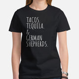 German Shepherd Dog Themed Clothes - Gifts for K9 Dog Moms, Dads & Lovers - Canine Tee Shirts For Humans - Tacos, Tequila & GSD T-Shirt - Black, Women