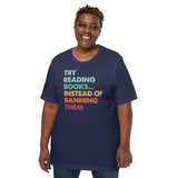 Bookish T-Shirt - Read Banned Books Shirt - Presents, Gift Ideas for Book Lovers, Readers - Try Reading Books Instead Of Banning Them Shirt - Navy, Large Size for Overweight