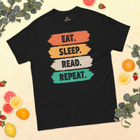 Gift for Book Lover - Eat Sleep Read Repeat Retro Vintage Vibe Bookish Shirt - Reading Squad Tee for Bookworms, Librarian, Avid Readers - Black
