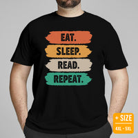 Gift for Book Lover - Eat Sleep Read Repeat Retro Vintage Vibe Bookish Shirt - Reading Squad Tee for Bookworms, Librarian, Avid Readers - Black, Large Size for Overweight