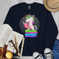 Gift for Book Lovers, Book Nerds - Cute Unicorn Reading Book Groovy Cozy Bookish Sweatshirt for Bookworms, Avid Readers, Librarians - Navy