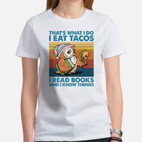 Bookish Taco Tuesday T-Shirt - Presents, Gift Ideas for Book Lovers, Readers, Bookworms - I Eat Tacos, I Read Books And I Know Things Shirt - White, Women