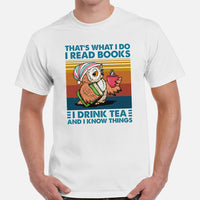 Bookish T-Shirt - Tea Shirts - Presents, Gift Ideas for Book & Tea Lovers, Readers - I Read Books, I Drink Tea And I Know Things T-Shirt - White, Men