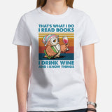 Bookish T-Shirt - Presents, Gift Ideas for Book & Wine Lovers, Readers, Bookworms - I Read Books, I Drink Wine And I Know Things T-Shirt - White, Women