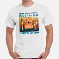 Golden Retriever Dog Themed Clothes - Funny Gifts for Dog Moms, Dads & Lovers - Time Spent With Beer And Dogs Is Never Wasted T-Shirt - White, Men