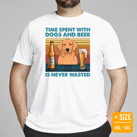 Golden Retriever Dog Themed Clothes - Funny Gifts for Dog Moms, Dads & Lovers - Time Spent With Beer And Dogs Is Never Wasted T-Shirt - White, Plus Size