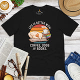 Golden Retriever Dog Themed Clothes - Gift for Dog Lover - Canine Tee Shirts For Humans - Life Is Better With Dogs, Books & Coffee Tee - Black