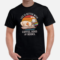 Golden Retriever Dog Themed Clothes - Gift for Dog Lover - Canine Tee Shirts For Humans - Life Is Better With Dogs, Books & Coffee Tee - Black, Men