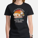 Golden Retriever Dog Themed Clothes - Gift for Dog Lover - Canine Tee Shirts For Humans - Life Is Better With Dogs, Books & Coffee Tee - Black, Women