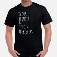 Golden Retriever Dog Themed Clothes - Gift for Dog Moms, Dads & Lover - Canine Tee Shirts For Humans - Tacos, Tequila & Goldies T-Shirt - Black, Men