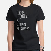 Golden Retriever Dog Themed Clothes - Gift for Dog Moms, Dads & Lover - Canine Tee Shirts For Humans - Tacos, Tequila & Goldies T-Shirt - Black, Women