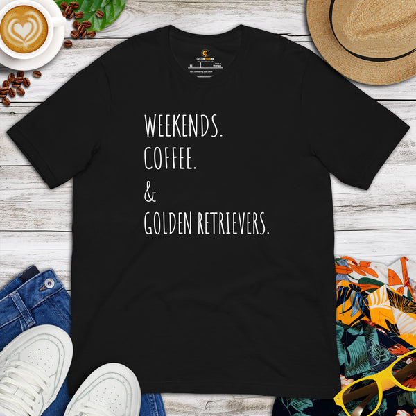 Golden Retriever Dog Themed Clothes - Gift for Dog Moms, Dads & Lover - Canine Tee Shirts For Humans - Weekends, Coffee & Goldies Shirt - Black