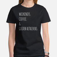 Golden Retriever Dog Themed Clothes - Gift for Dog Moms, Dads & Lover - Canine Tee Shirts For Humans - Weekends, Coffee & Goldies Shirt - Black, Women