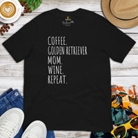 Golden Retriever Dog Themed Clothes - Gift for Dog Moms & Lover - Canine Tee Shirts For Humans - Coffee, Goldie Mom, Wine, Repeat Shirt - Black