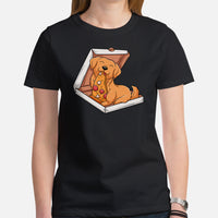 Golden Retriever Dog Themed Clothes - Gifts for Dog Lovers - Canine Tee Shirts For Humans - Cute Puppy Enjoying A Pizza Slice T-Shirt - Black, Women