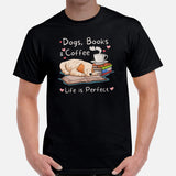 Golden Retriever Dog Themed Clothes - Gifts for Dog Lovers - Canine Tee Shirts For Humans - Dogs, Books & Coffee - Life Is Perfect Tee - Black, Men