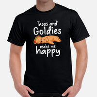 Golden Retriever Dog Themed Clothes - Gifts for Dog Lovers - Funny Canine Tee Shirts For Humans - Tacos & Goldies Make Me Happy T-Shirt - Black, Men