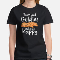 Golden Retriever Dog Themed Clothes - Gifts for Dog Lovers - Funny Canine Tee Shirts For Humans - Tacos & Goldies Make Me Happy T-Shirt - Black, Women