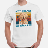 Golden Retriever Dog Themed Clothes - Gifts for Dog Moms, Dads & Lovers - Funny Canine Tee Shirts For Humans - My Therapist Barks Shirt - White, Men