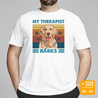 Golden Retriever Dog Themed Clothes - Gifts for Dog Moms, Dads & Lovers - Funny Canine Tee Shirts For Humans - My Therapist Barks Shirt - White, Plus Size