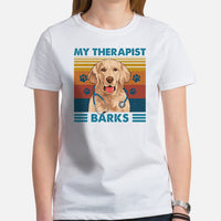 Golden Retriever Dog Themed Clothes - Gifts for Dog Moms, Dads & Lovers - Funny Canine Tee Shirts For Humans - My Therapist Barks Shirt - White, Women