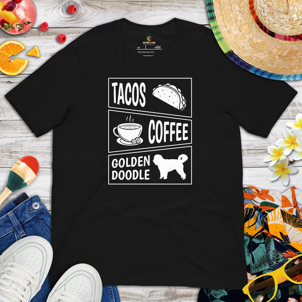Goldendoodle Dog Themed Clothes & Attire - Canine Tee Shirts For Humans - Gifts for Dog Lovers - Tacos, Coffee & Golden Doodle T-Shirt - Black
