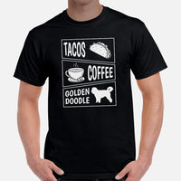 Goldendoodle Dog Themed Clothes & Attire - Canine Tee Shirts For Humans - Gifts for Dog Lovers - Tacos, Coffee & Golden Doodle T-Shirt - Black, Men