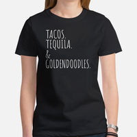Goldendoodle Dog Themed Clothes & Attire - Canine Tee Shirts For Humans - Gifts for Dog Lovers - Tacos, Tequila And Doodles T-Shirt - Black, Women
