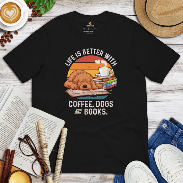 Goldendoodle Dog Themed Clothes - Canine Tee Shirts For Humans - Gifts for Dog Lovers - Life Is Better With Dogs, Books & Coffee Shirt - Black