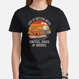 Goldendoodle Dog Themed Clothes - Canine Tee Shirts For Humans - Gifts for Dog Lovers - Life Is Better With Dogs, Books & Coffee Shirt - Black, Women