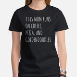 Goldendoodle Dog Themed Clothes - Canine Tee Shirts For Humans - Gifts for Dog Lovers - This Mom Runs On Coffee, Pizza & Doodles Shirt - Black, Women