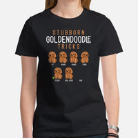 Goldendoodle Dog Themed Clothes - Canine Tee Shirts For Humans - Gifts for Dog Moms, Dads & Lovers - Stubborn Goldendoodle Tricks Shirt - Black, Women