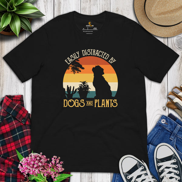 Goldendoodle Dog Themed Clothes - Funny Canine Tee Shirts For Humans - Gifts for Dog Lovers - Easily Distracted By Dogs & Plants Shirt - Black