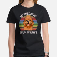 Goldendoodle Dog Themed Clothes - Funny Canine Tee Shirts For Humans - Gifts for Dog Lovers - My Therapist Has Fur And Paws T-Shirt - Black, Women