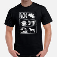 Great Dane Dog Themed Clothes & Attire - Funny Canine Tee Shirts For Humans - Gifts for Dog Lovers - Tacos, Coffee & Great Dane T-Shirt - Black, Men