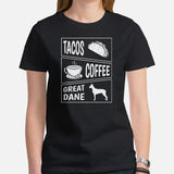 Great Dane Dog Themed Clothes & Attire - Funny Canine Tee Shirts For Humans - Gifts for Dog Lovers - Tacos, Coffee & Great Dane T-Shirt - Black, Women