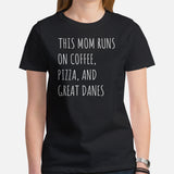 Great Dane Dog Themed Clothes - Funny Canine Tee Shirts For Humans - Gifts for Dog Lovers - This Mom Runs On Coffee And Pizza T-Shirt - Black, Women