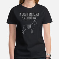 Great Dane Dog Themed Clothes - Funny Canine Tee Shirts For Humans - Gifts for Dog Moms, Dads & Lovers - Place Great Dane Here T-Shirt - Black, Women