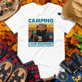 Camping Shirt - Gifts for Cat & Wine Lovers, Campers, Outdoorsmen - Black Cat Tee Shirt - Camping & Bourbon Because Murder Is Wrong T-Shirt - White