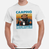 Grumpy Cat Camping & Coffee Because Murder Is Wrong Shirt - Campfire, Bonfire Crew Shirt - Glamping Tee - Gift for Cat & Nature Lover - White, Men