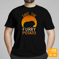 Guinea Pig T-Shirt - Save The Furry Potato Retro Sunset Aesthetic Shirt - Ideal Gift for Cavy, Rodent & Animal Lovers - Zoology Shirt - Black, Plus Size