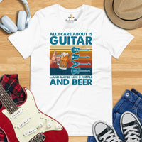 Guitar T-Shirt - Music Band Shirts - Gift Ideas, Present for Guitarist, Guitar Players & Lovers - All I Care About Is Guitar & Beer Tee - White