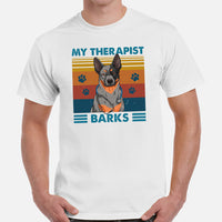 Heeler Dog Themed Clothes & Attire - Funny Canine Tee Shirt For Humans - Gifts for Dog Moms, Dads & Lovers - My Therapist Barks T-Shirt - White, Men