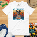 Heeler Dog Themed Clothes & Attire - Funny Canine Tee Shirt For Humans - Gifts for Dog Moms, Dads & Lovers - My Therapist Barks T-Shirt - White