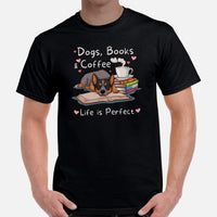 Heeler Dog Themed Clothes - Canine Tee Shirt For Humans - Gifts for Book & Dog Lovers - Dogs, Book & Coffee Life Is Perfect T-Shirt - Black, Men