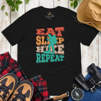 Hiking Boho T-Shirt - Eat Sleep Hike Repeat Vintage Aesthetic T-Shirt - Granola Tee for Nature Lovers, Campers & Hikers, Geocacher - Black
