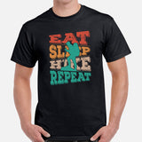 Hiking Boho T-Shirt - Eat Sleep Hike Repeat Vintage Aesthetic T-Shirt - Granola Tee for Nature Lovers, Campers & Hikers, Geocacher - Black, Men