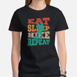 Hiking Boho T-Shirt - Eat Sleep Hike Repeat Vintage Aesthetic T-Shirt - Granola Tee for Nature Lovers, Campers & Hikers, Geocacher - Black, Women